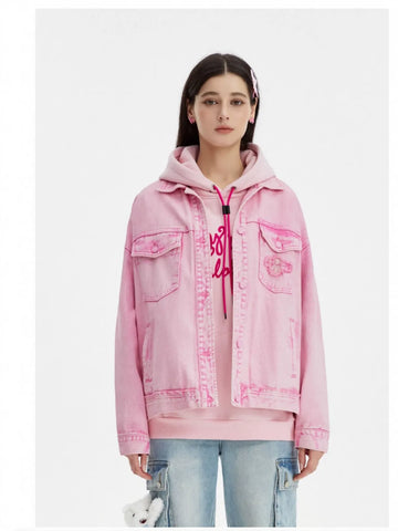 Oversized Pink Graphic Denim Jacket
