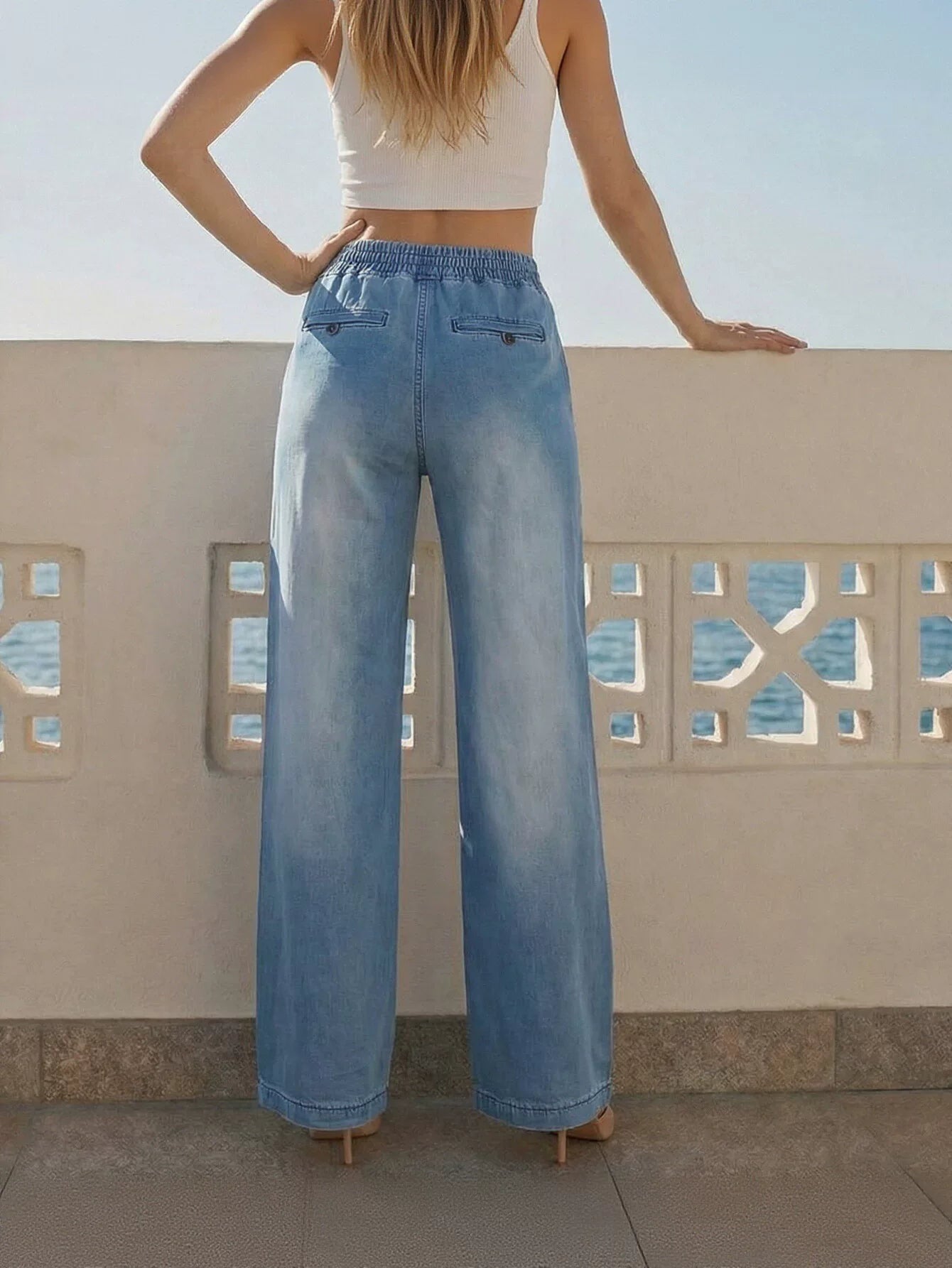 Comfy Drawstring Waist Wide Leg Jeans