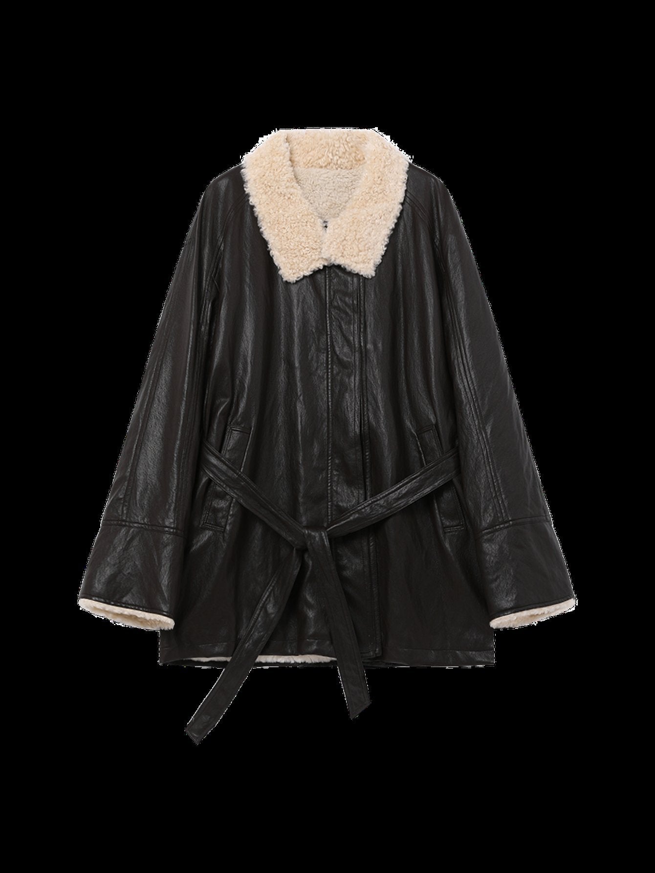 Oversized Faux Shearling Trim Leather Jacket