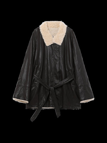 Oversized Faux Shearling Trim Leather Jacket