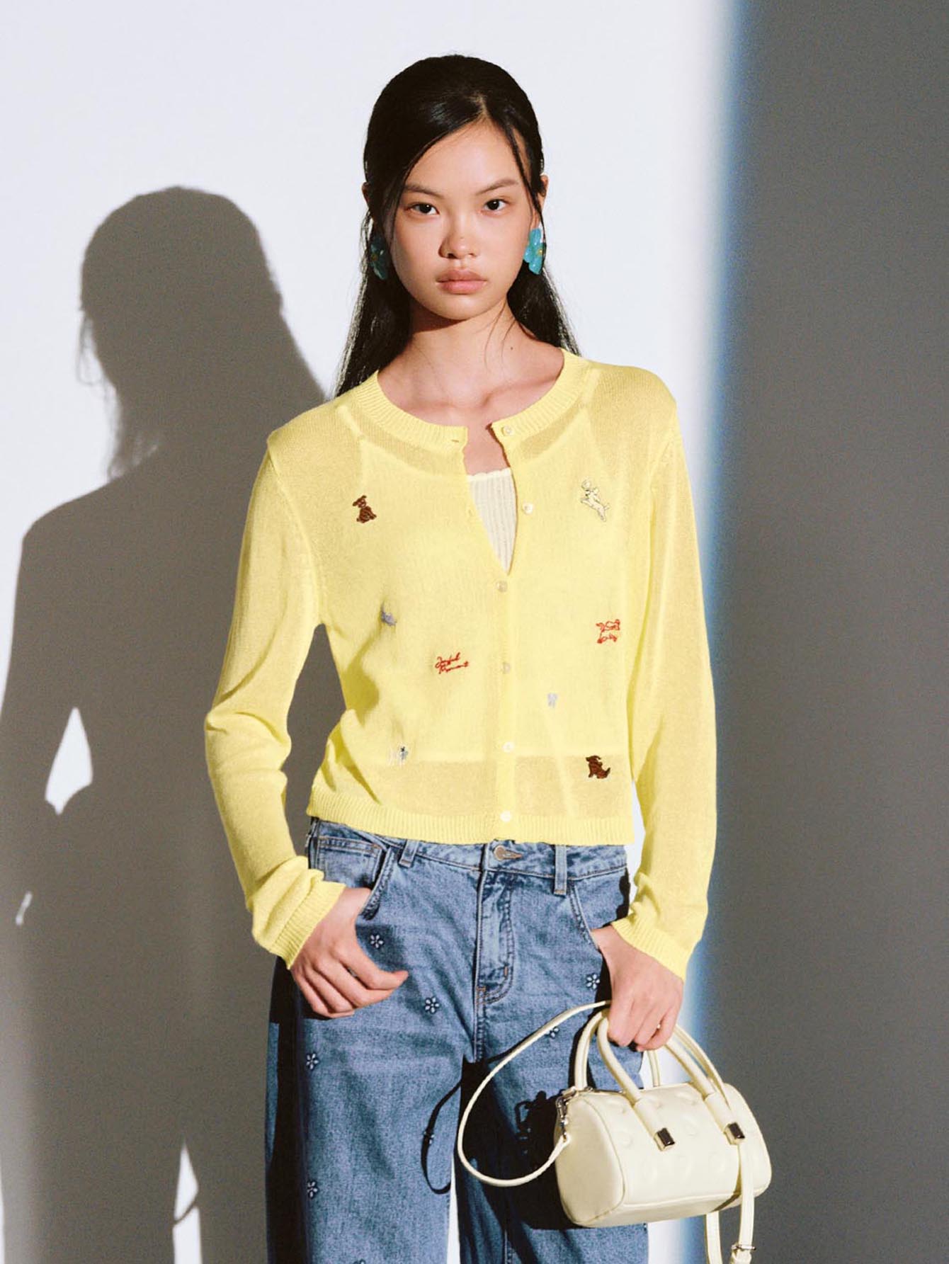 Urban Revivo Embroidered Sheer Knitted Cardigans-light yellow