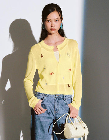 Urban Revivo Embroidered Sheer Knitted Cardigans-light yellow