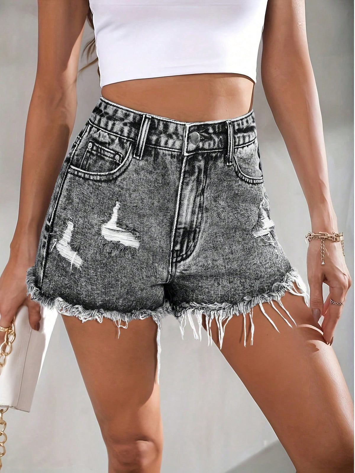 Distressed Acid Wash Raw Hem Shorts