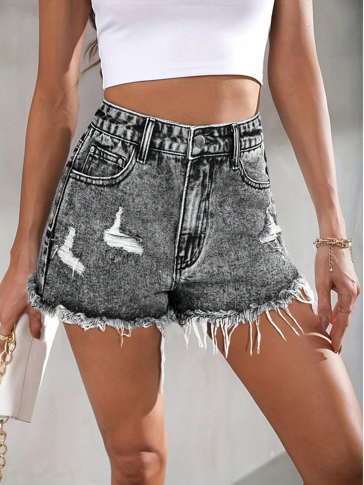 Distressed Acid Wash Raw Hem Shorts