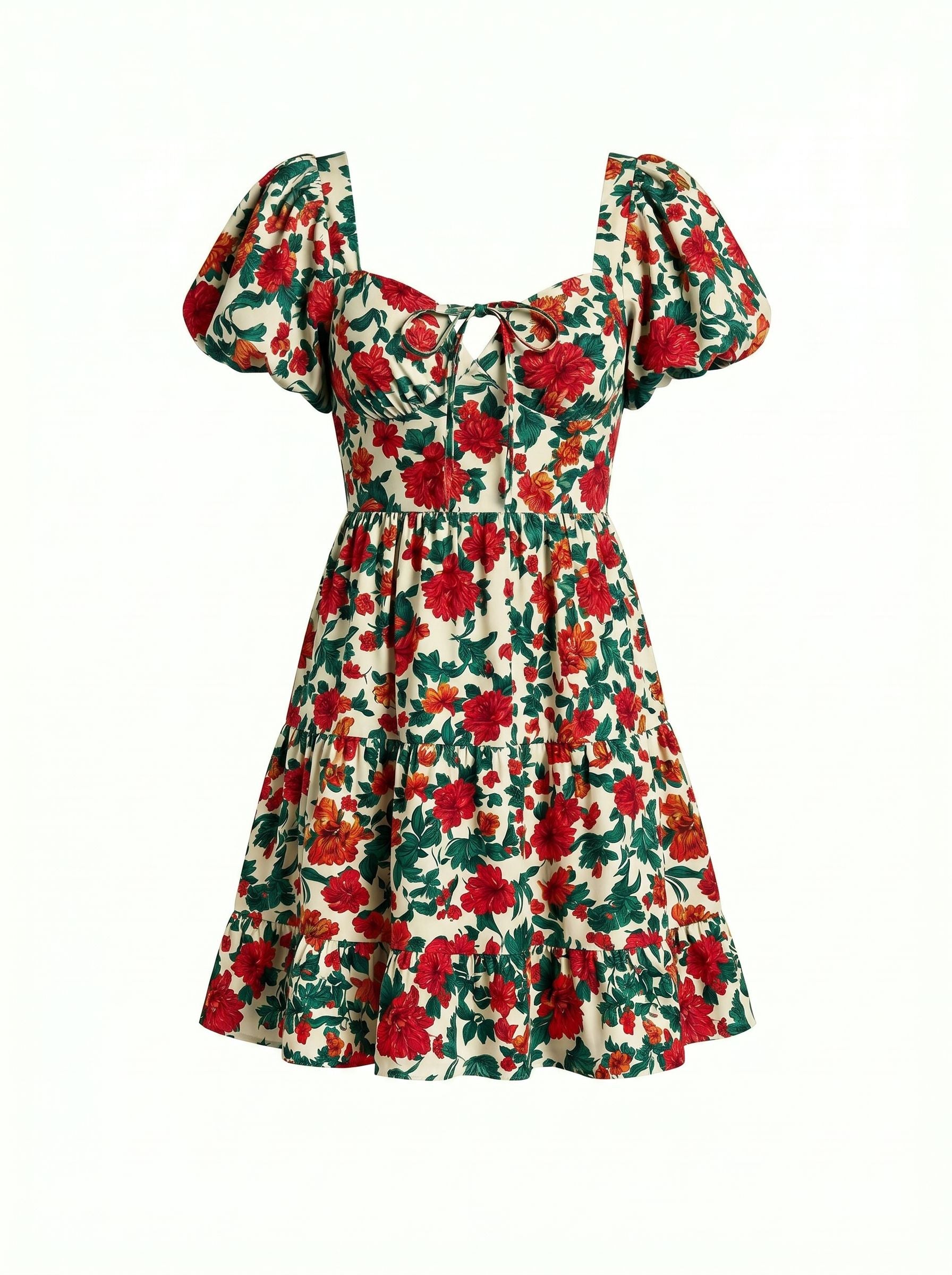 AYLA Floral Print Puff Sleeve Tiered Mini Dress