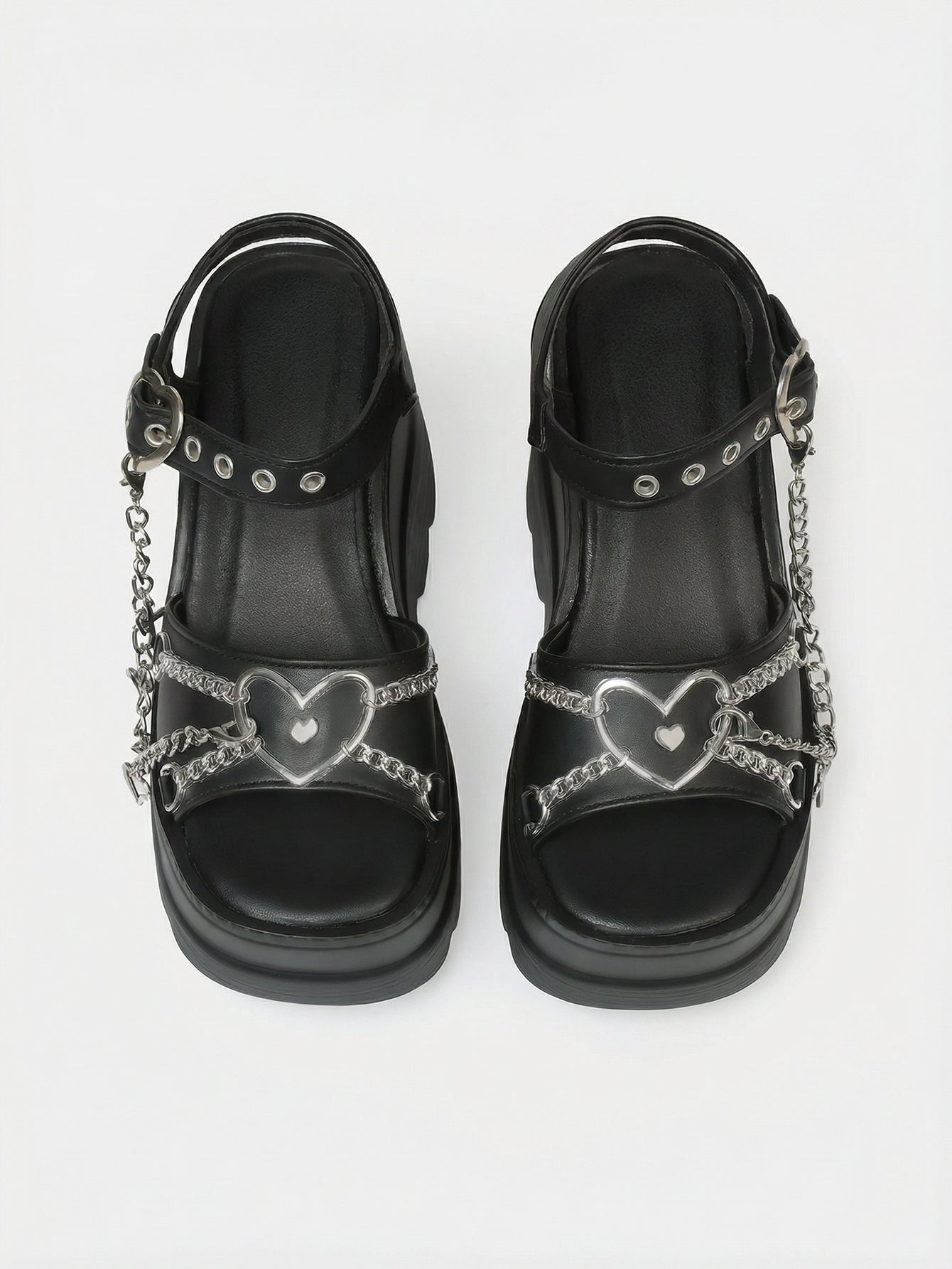 Heart-Strap Platform Edgy Sandals-Black