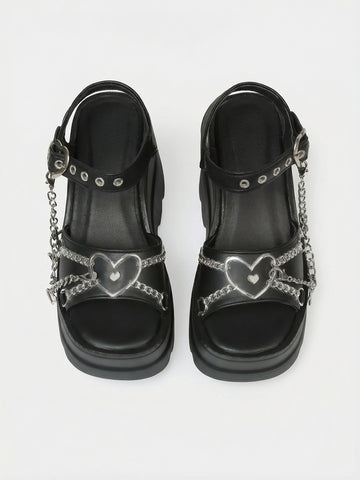 Heart-Strap Platform Edgy Sandals-Black