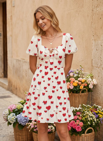Floral Print Puff Sleeve Tiered Mini Dress