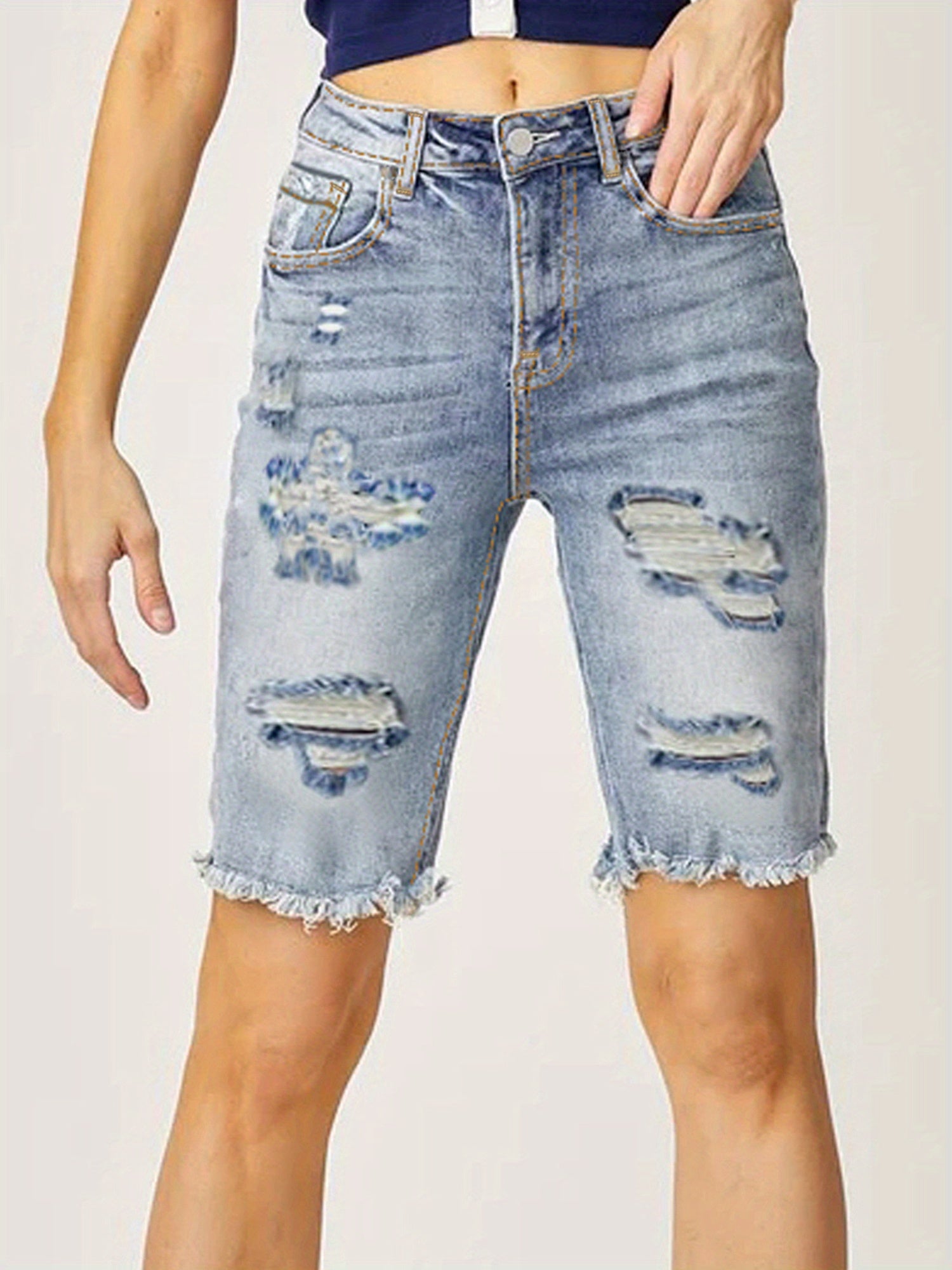 Distressed High Rise Denim Bermuda Shorts