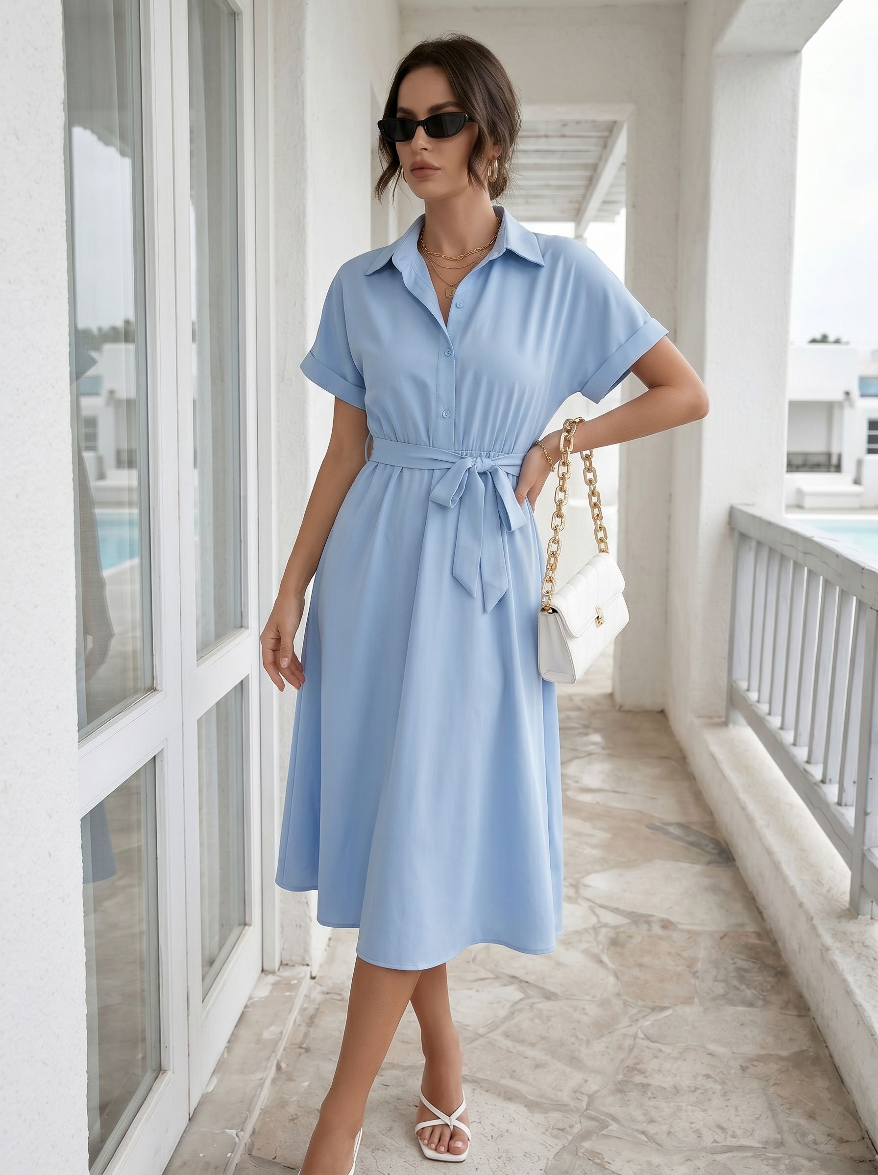 Elegant Belted Button Down Dress