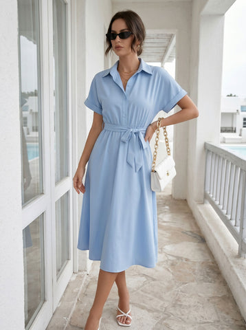 Elegant Belted Button Down Dress
