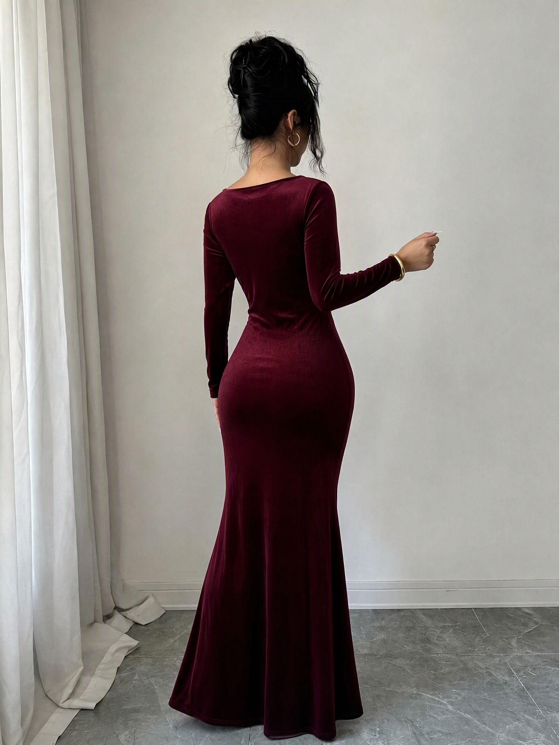 Elegant Pearl Trim Velvet Maxi Dress