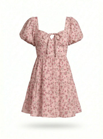 AYLA Floral Print Puff Sleeve Tiered Mini Dress