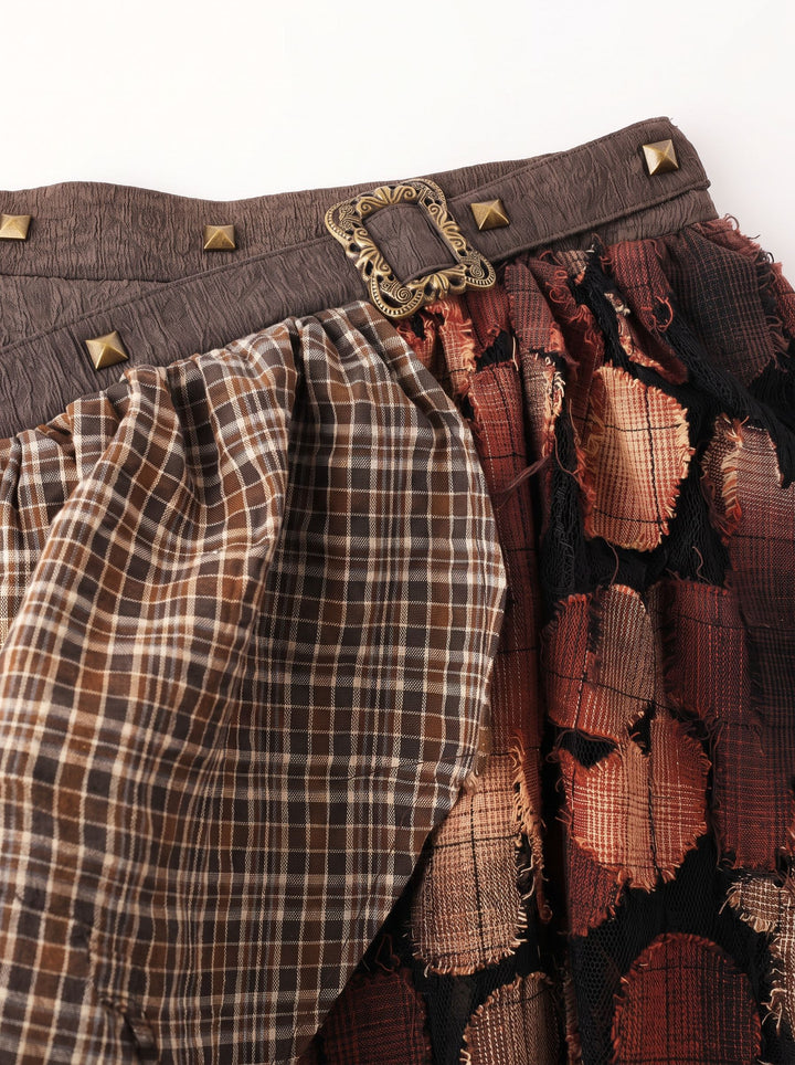 Distressed Plaid Ruffle Asymmetric Mini Skirt