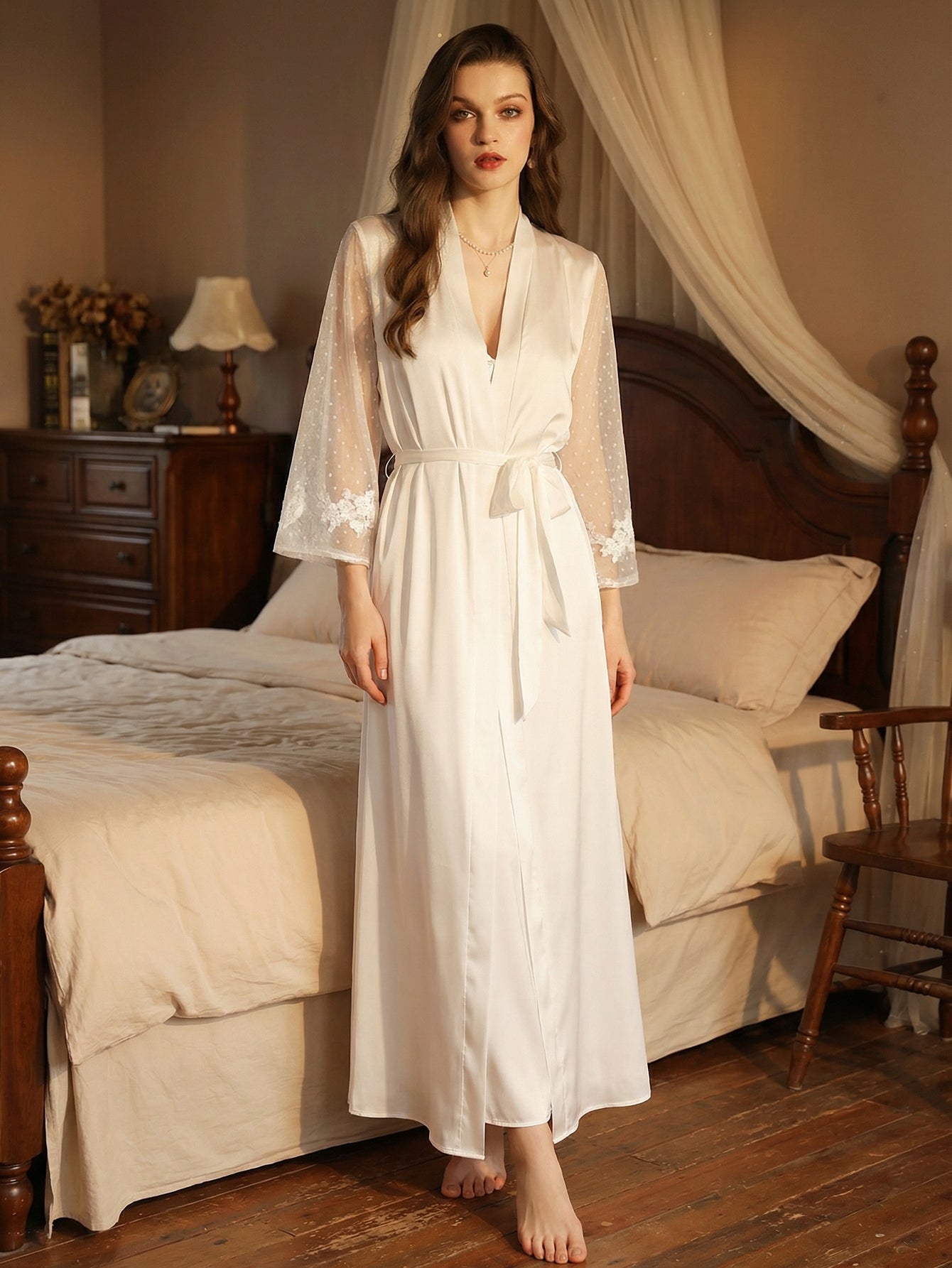 Long Satin Lace-Sleeve Elegant Robe
