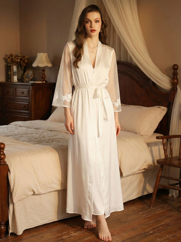 Long Satin Lace-Sleeve Elegant Robe