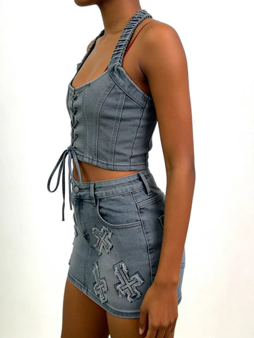 Stretch Embroidered Denim Set
