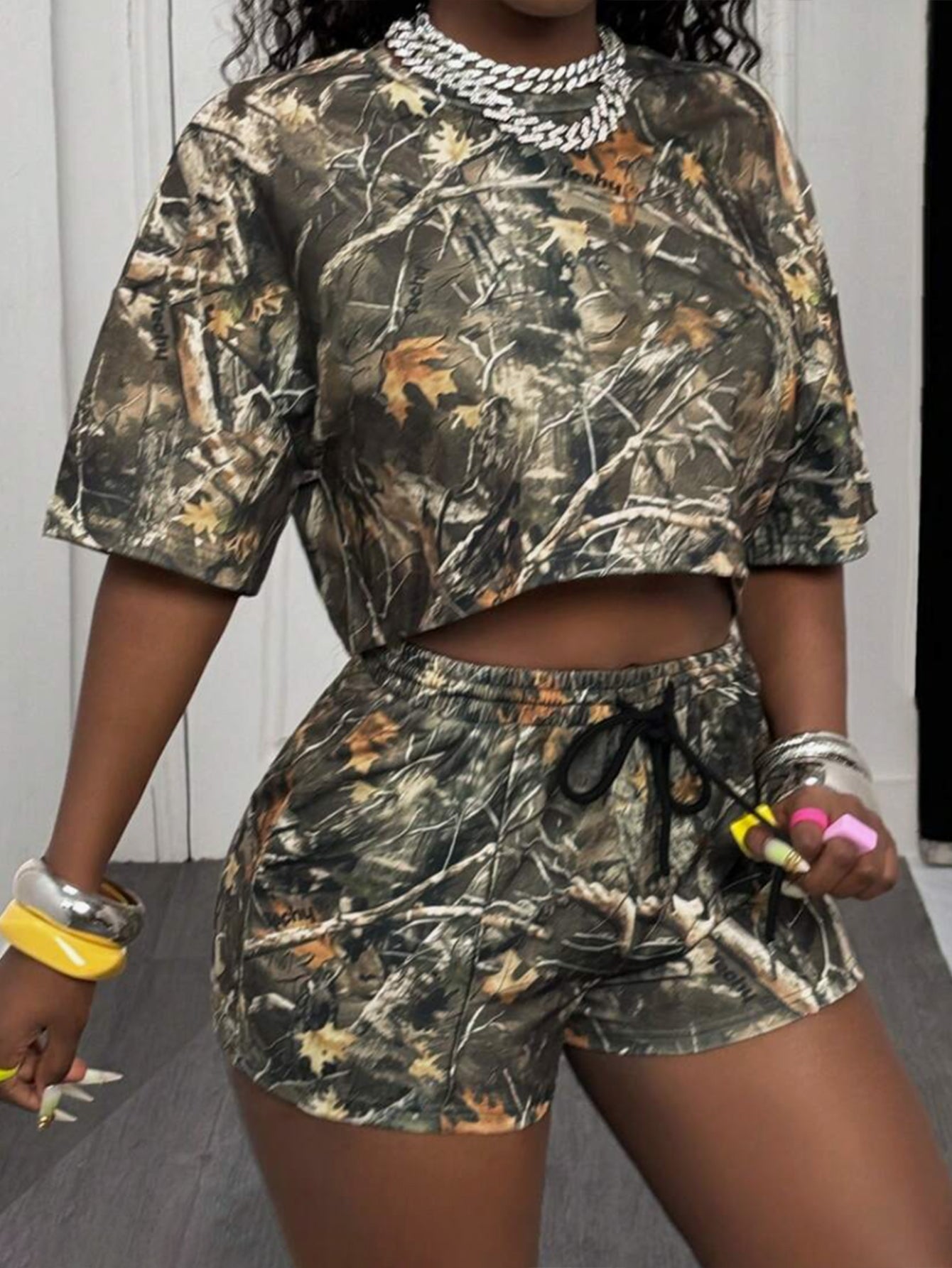 Camo Print Crop Top Shorts Set
