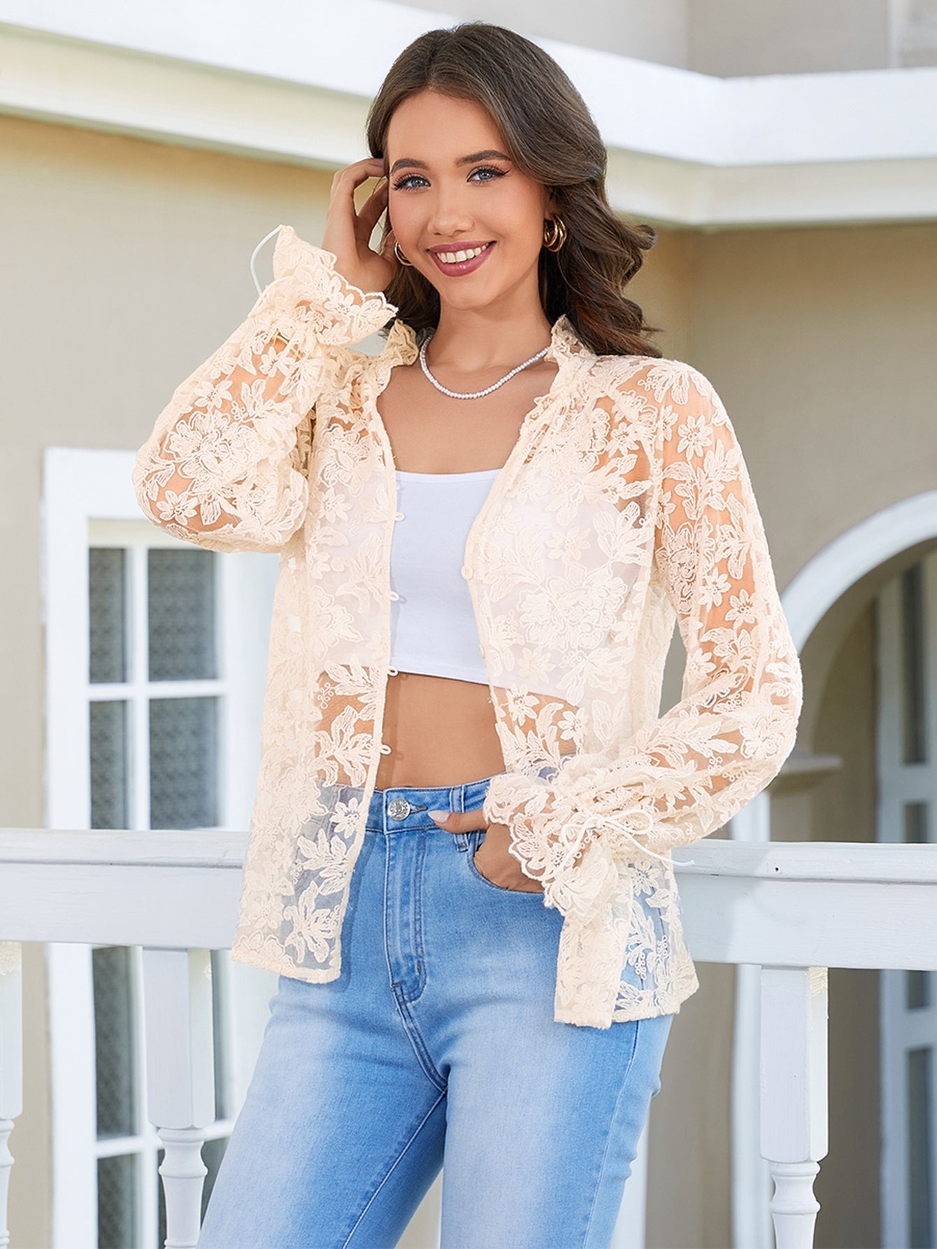 Sheer Floral Lace Button Up Shirt