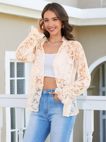 Sheer Floral Lace Button Up Shirt