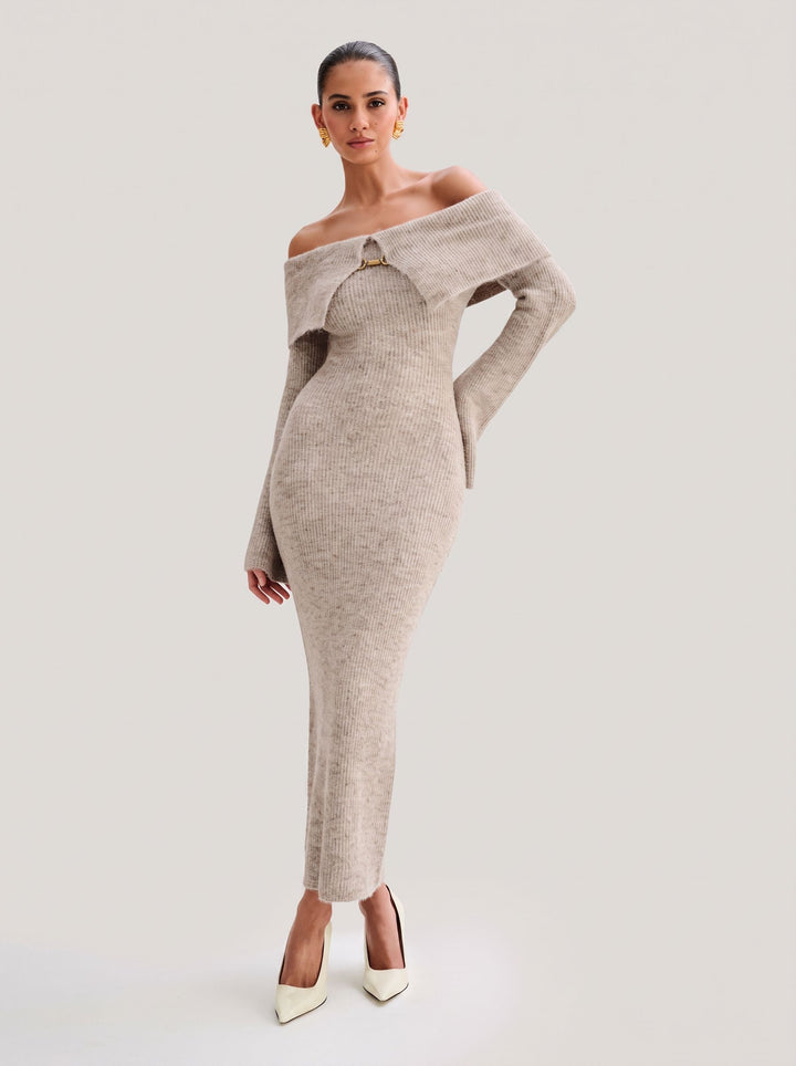 Off Shoulder Ribbed Knit Midi Dress