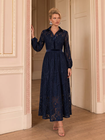 Elegant Navy Lace Midi Dress