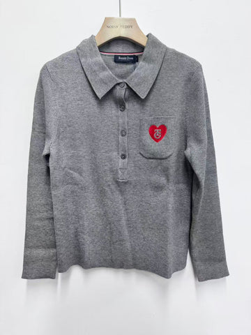 Embroidered Heart Ribbed Polo Sweater