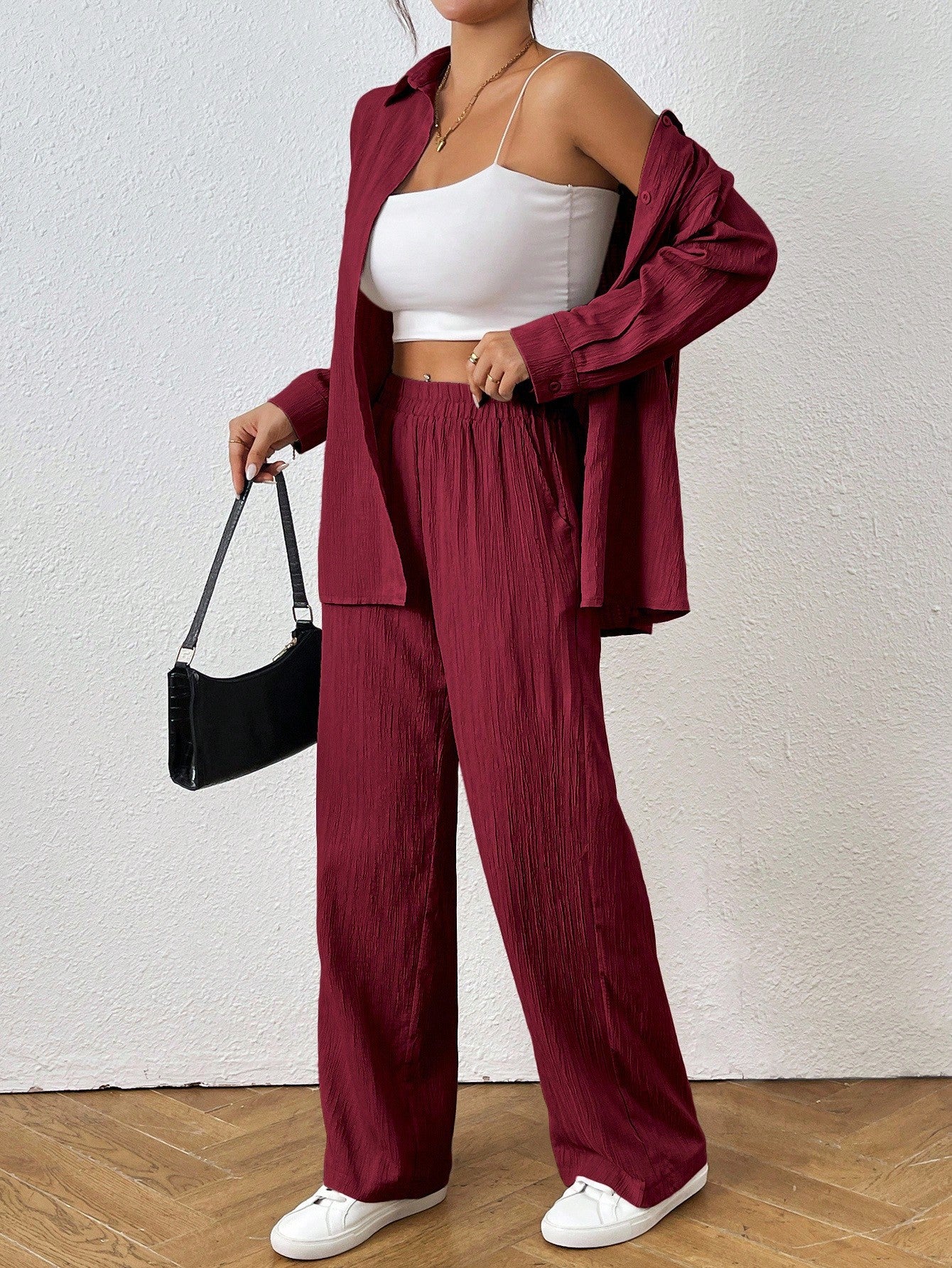 Loose-Fit Shirt Matching Wide-Leg Pants Casual Set