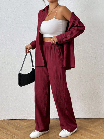 Loose-Fit Shirt Matching Wide-Leg Pants Casual Set