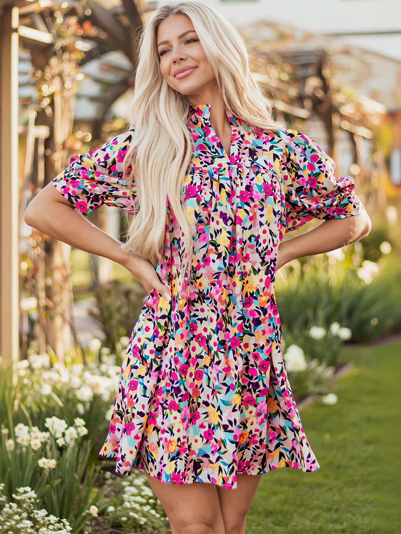 Floral Print V Neck Swing Dress