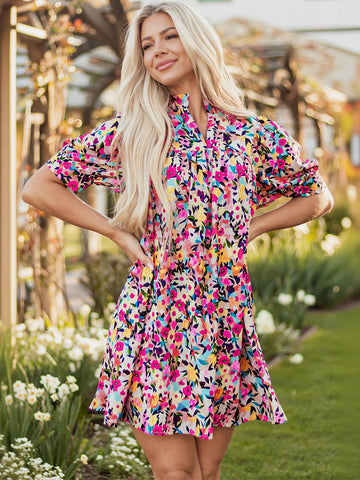 Floral Print V Neck Swing Dress