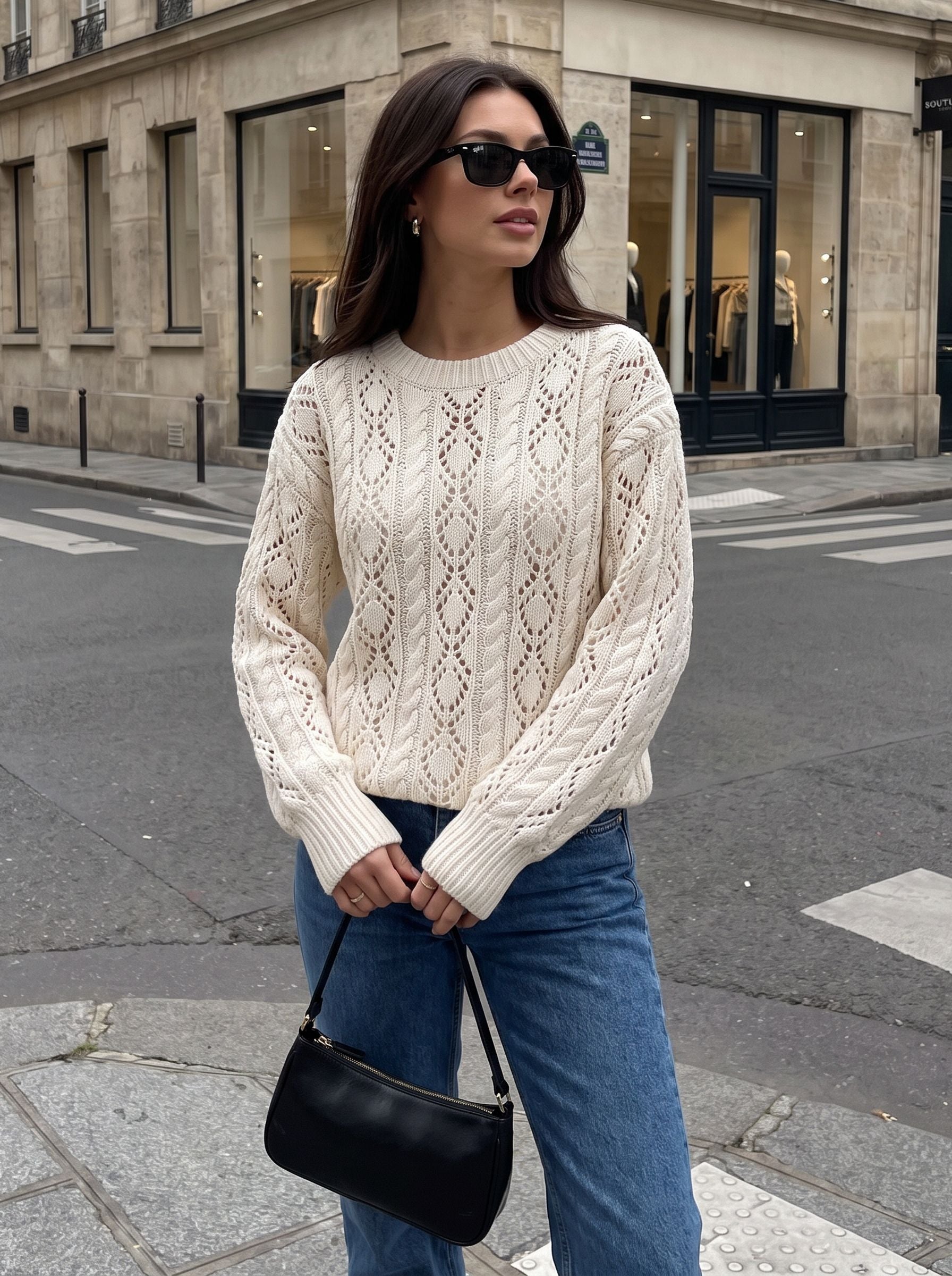 Chic Open Knit Crewneck Pullover Sweater