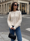 Chic Open Knit Crewneck Pullover Sweater