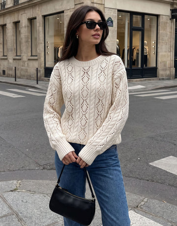 Chic Open Knit Crewneck Pullover Sweater
