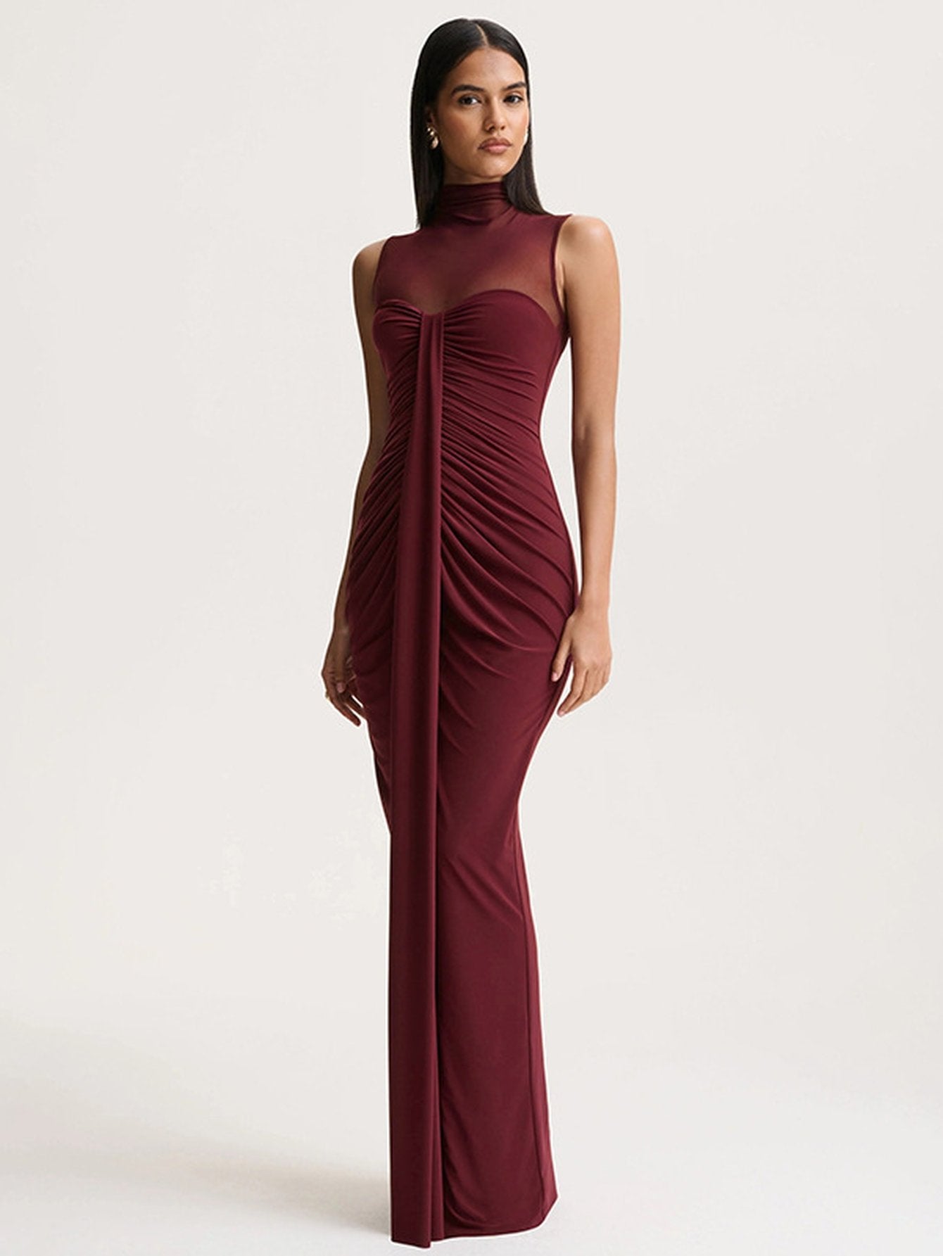 Mesh Mock Neck Ruched Maxi Dress