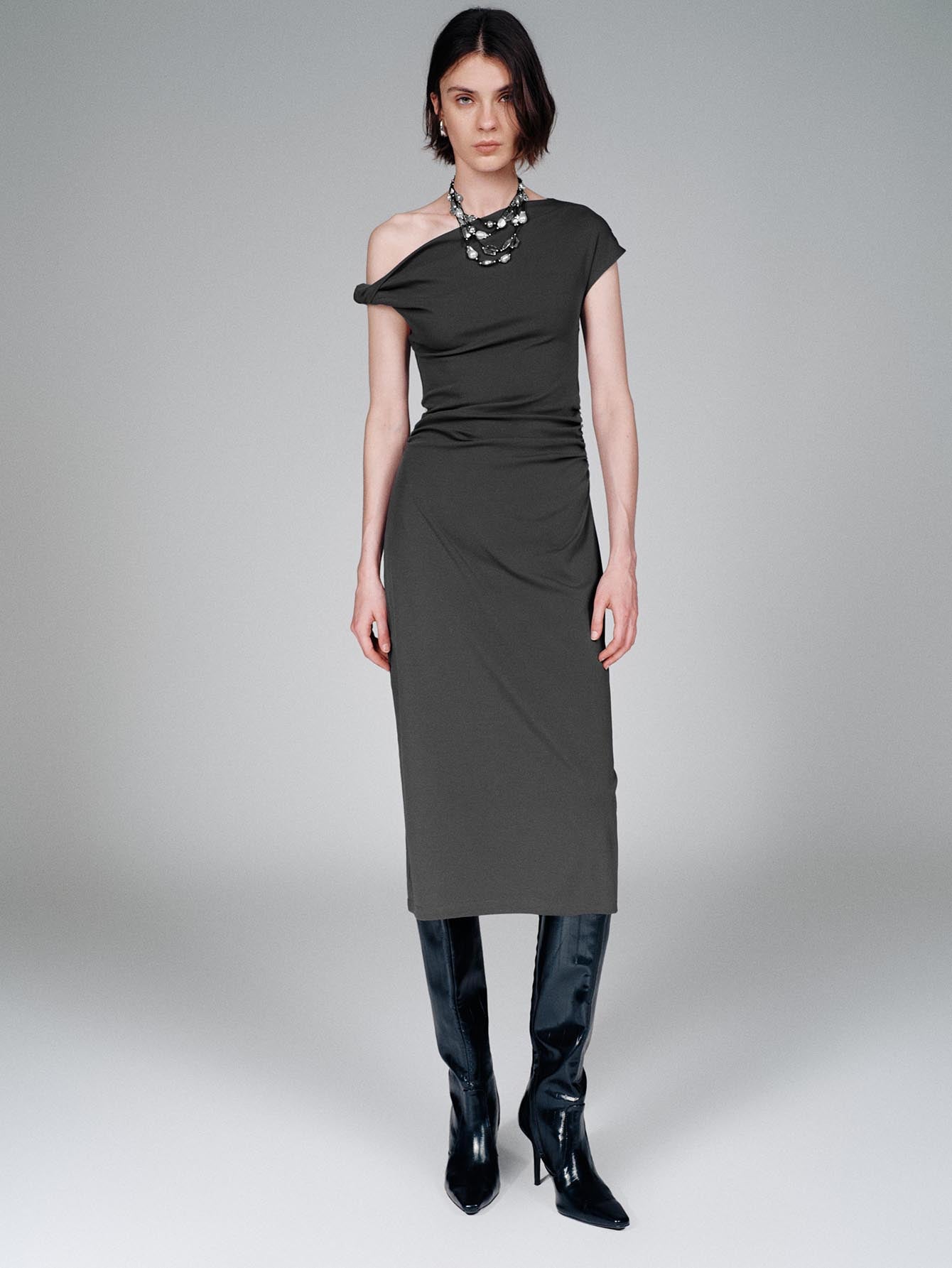 Urban Revivo One Shoulder Ruched A-Line Midi Dresses-Grey