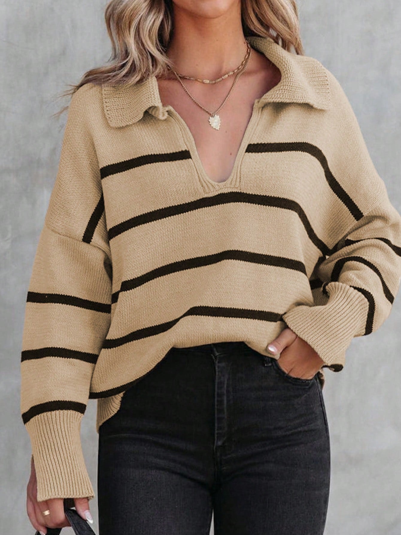 Oversized Striped Collared Knit Pullover Sweater