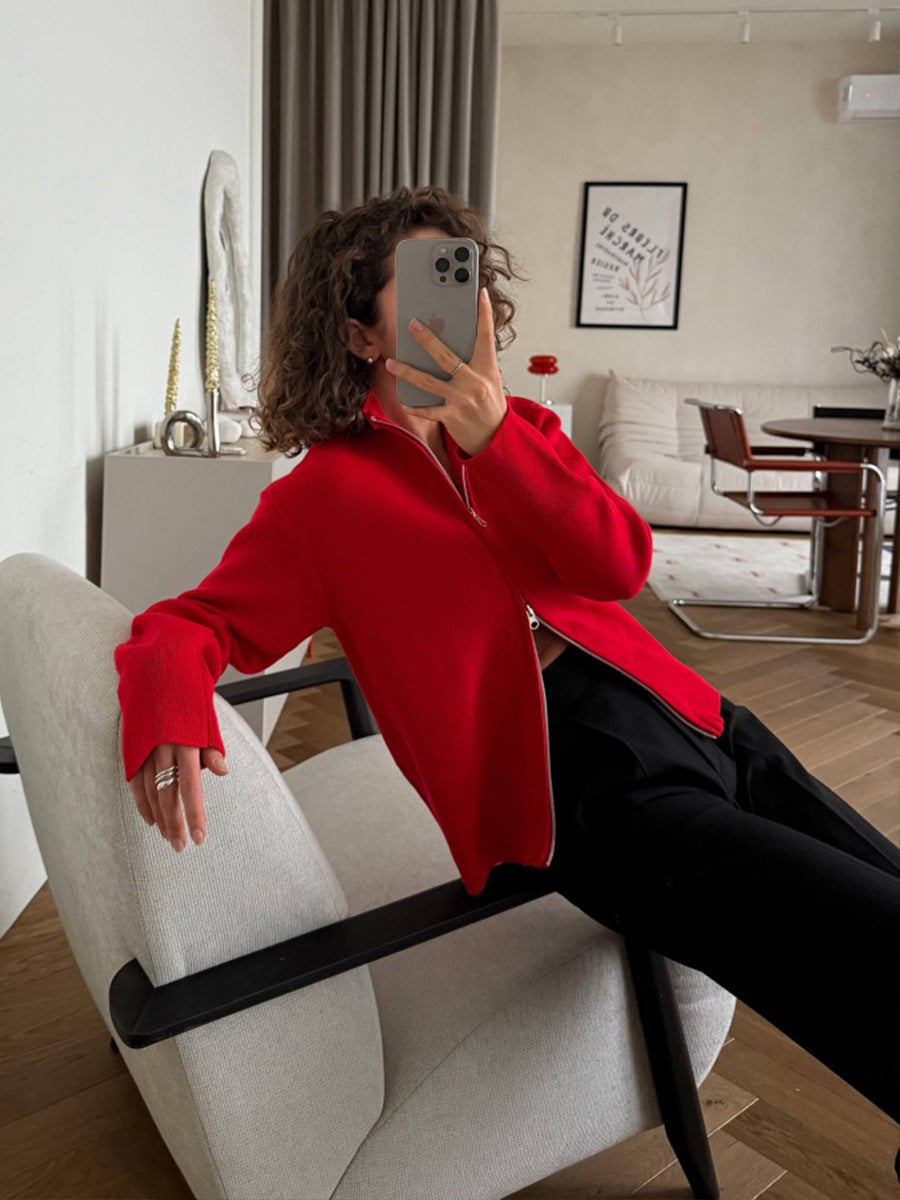 Red Slim Fit Zip Cardigan