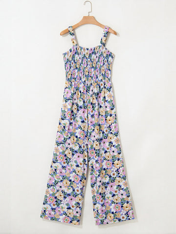 Smocked Floral Wide Leg Jumpsuit