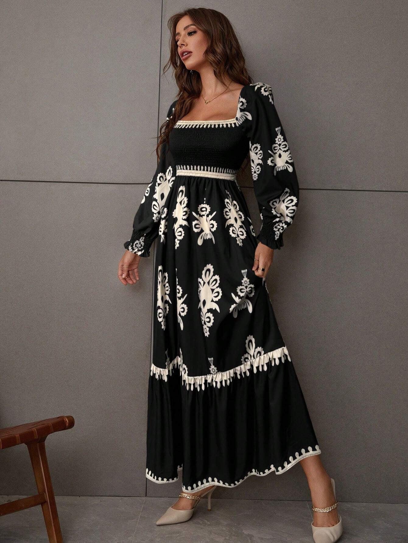 Embroidered Smocked Square Neck Maxi Dress