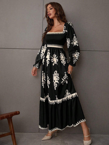 Embroidered Smocked Square Neck Maxi Dress