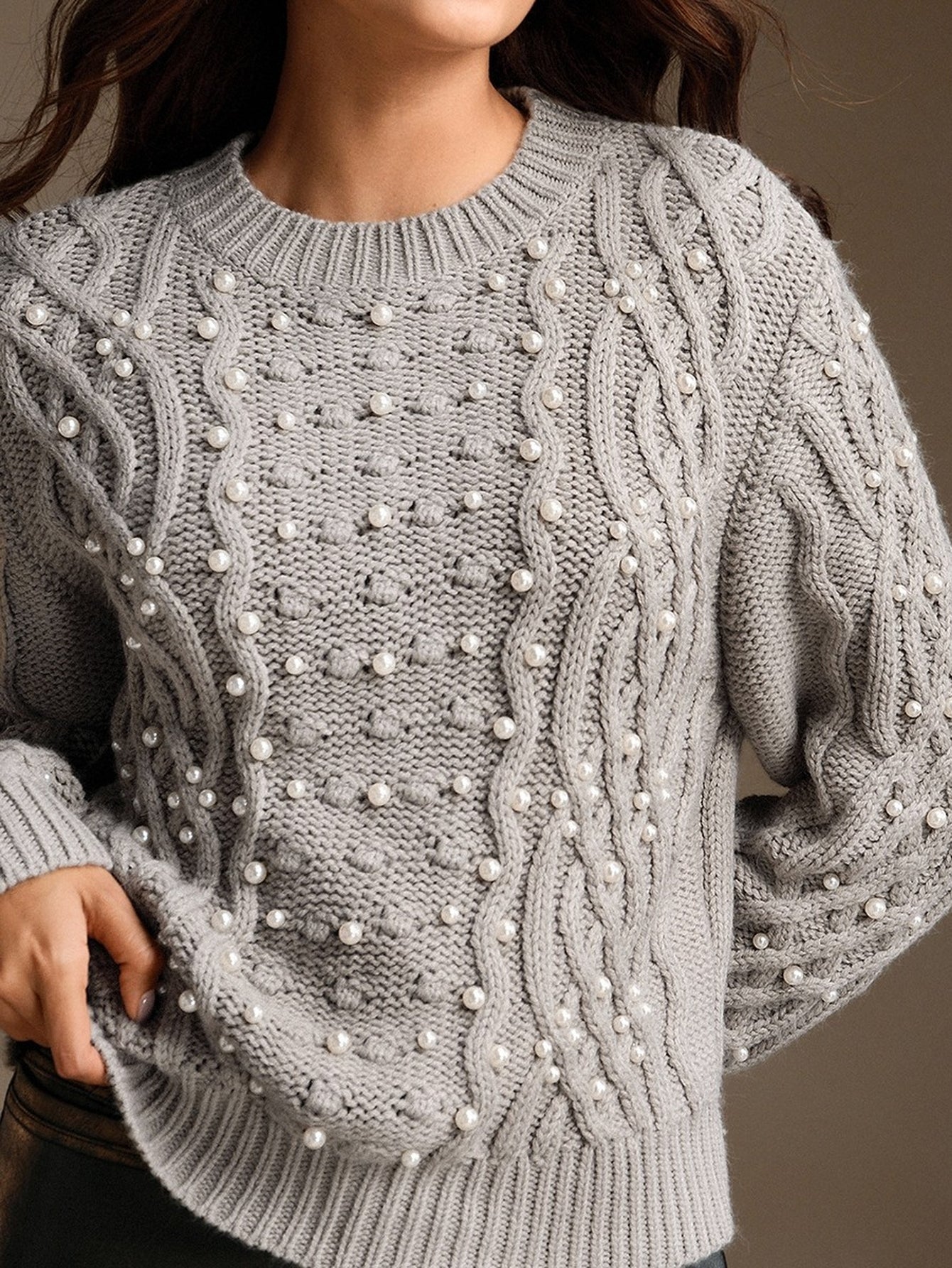 Beaded Cable Knit Pullover Sweater