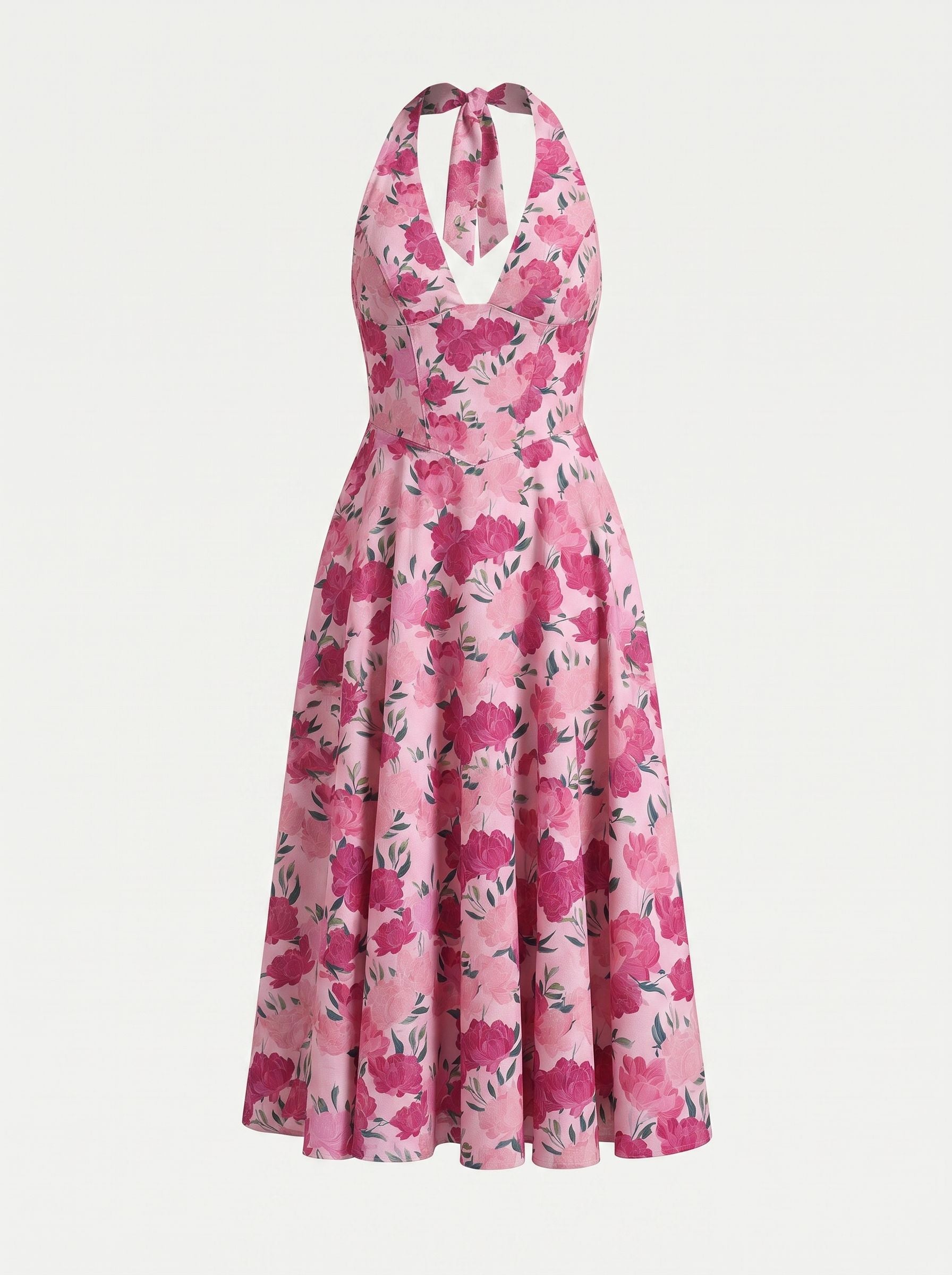 Floral Print Halter Neck Tie Back Midi Dress
