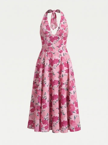 Floral Print Halter Neck Tie Back Midi Dress