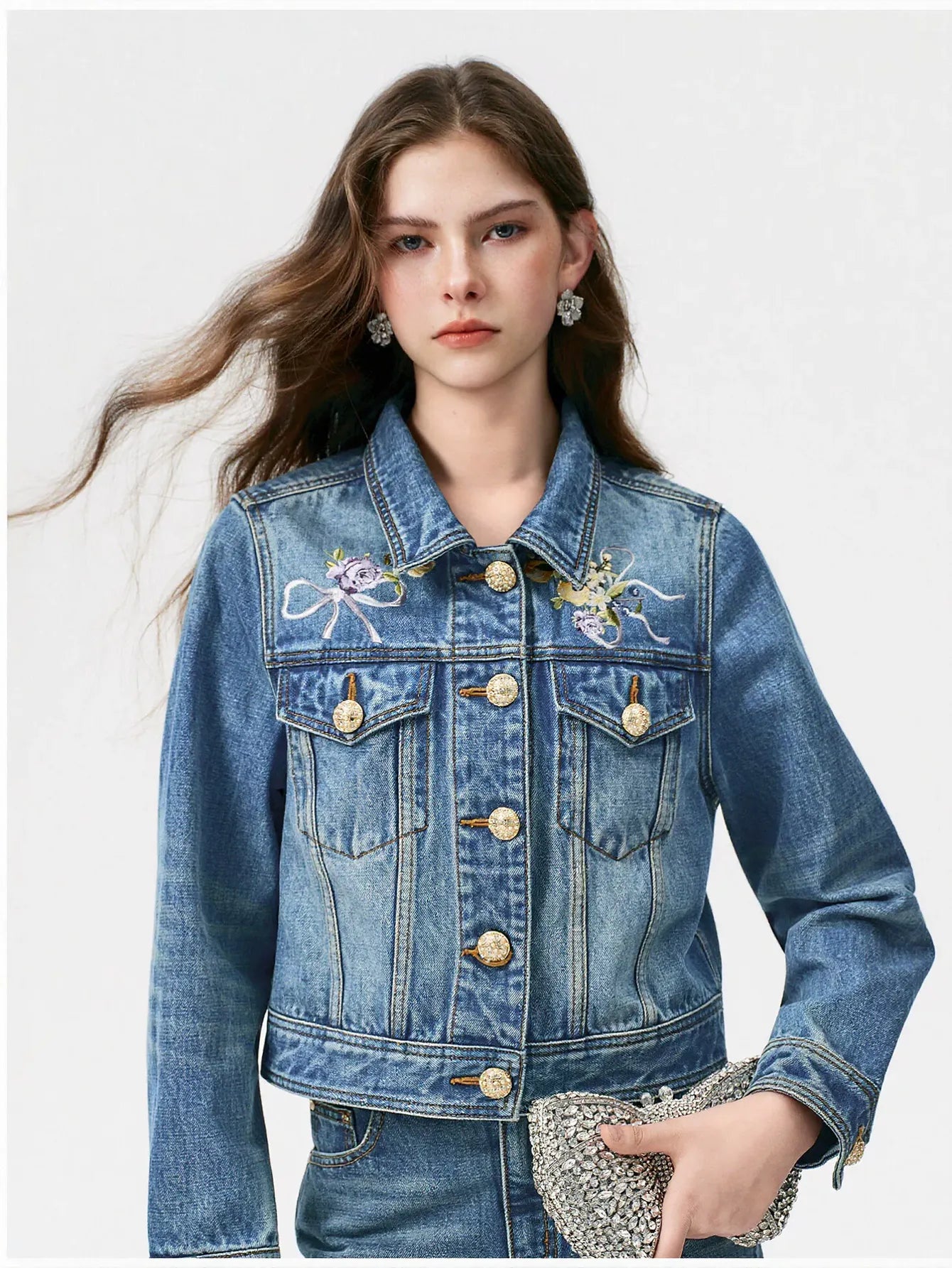 Embroidered Floral Gold Button Denim Jacket