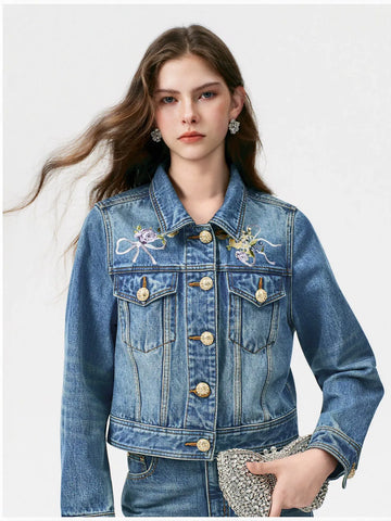Embroidered Floral Gold Button Denim Jacket