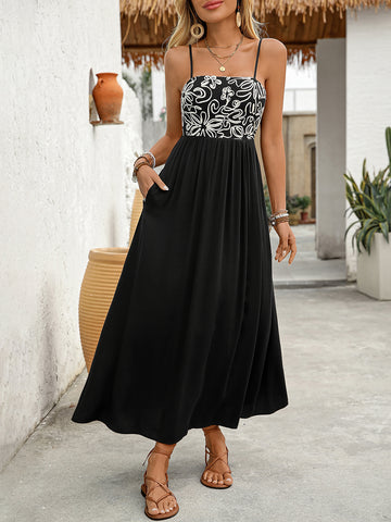Side Slit Floral Strap Casual Midi Dress
