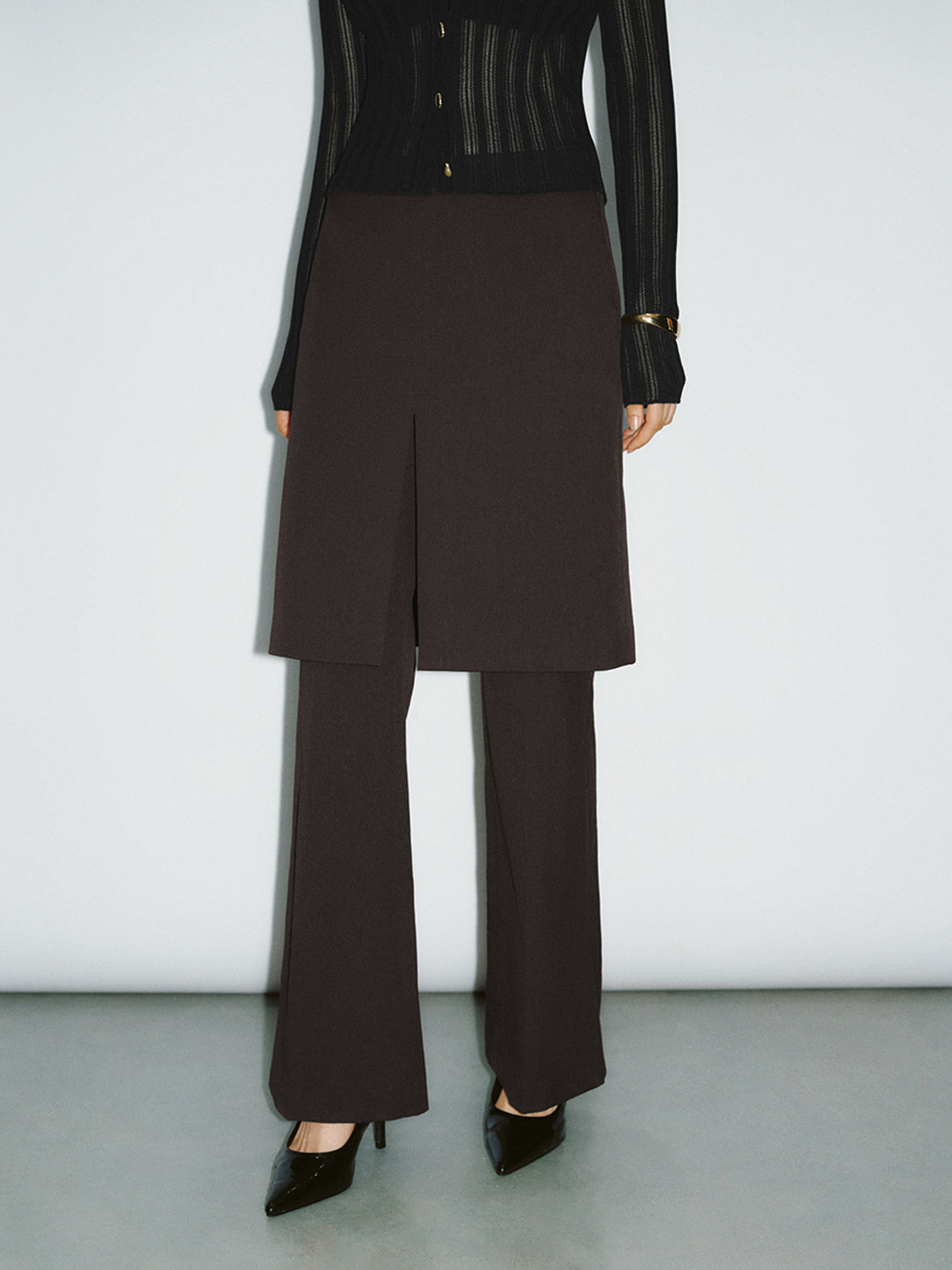 Urban Revivo Skirt Layered Flare Pants-Deep Coffee Brown