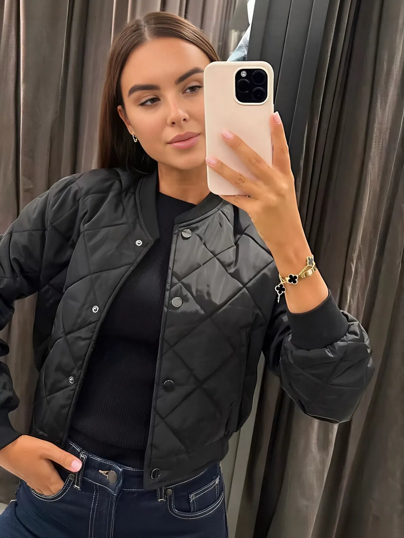 Lightweight Quilted Snap Button Bomber Jacket