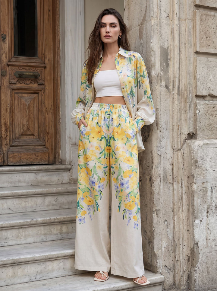 Floral Print Button Down Pants Set